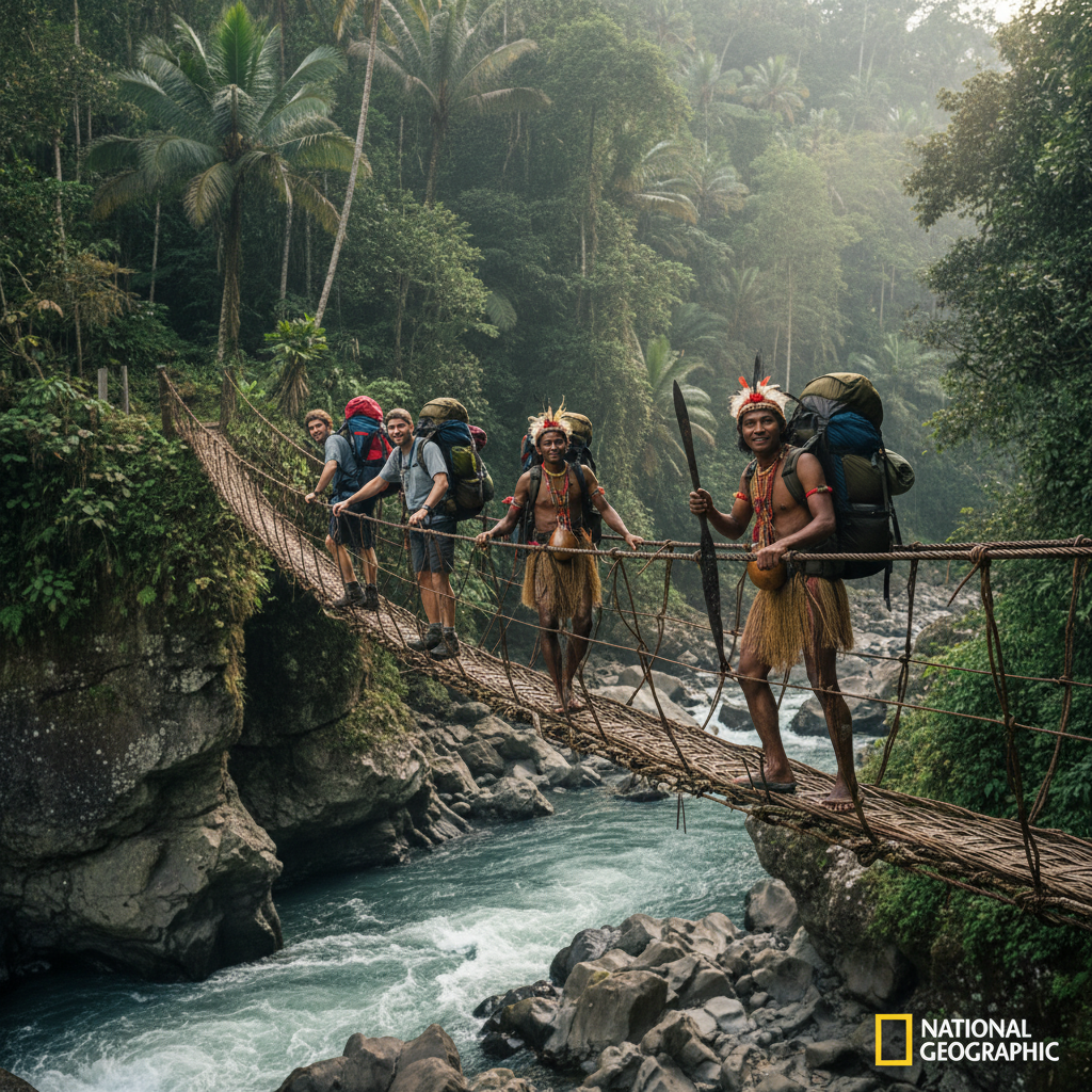Trekkers crossing vine bridge Baliem River