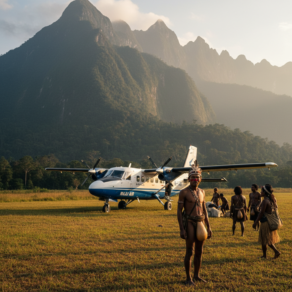 Small propeller plane on Wamena airstrip mountains